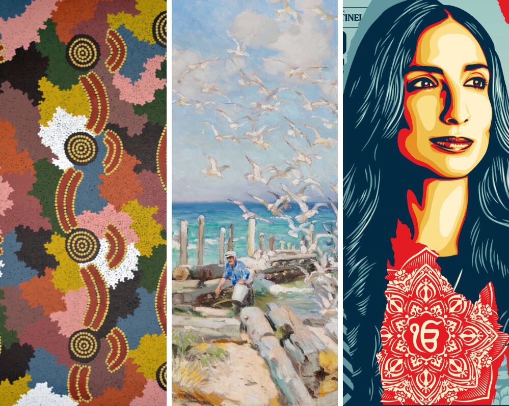 Collage of three images from the GVSU Art Museum collection that have been digitally enhanced.